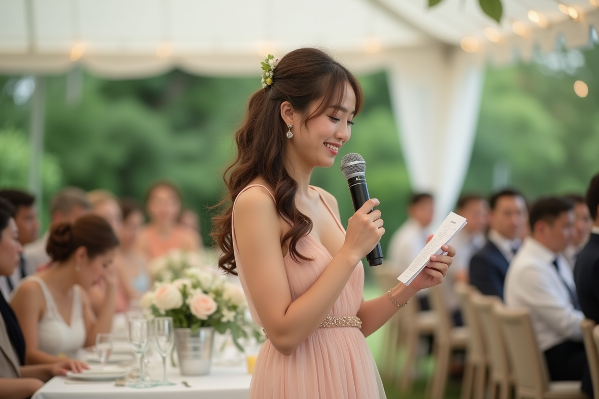 Jeune femme en robe pastel faisant un toast lors du mariage en extérieur