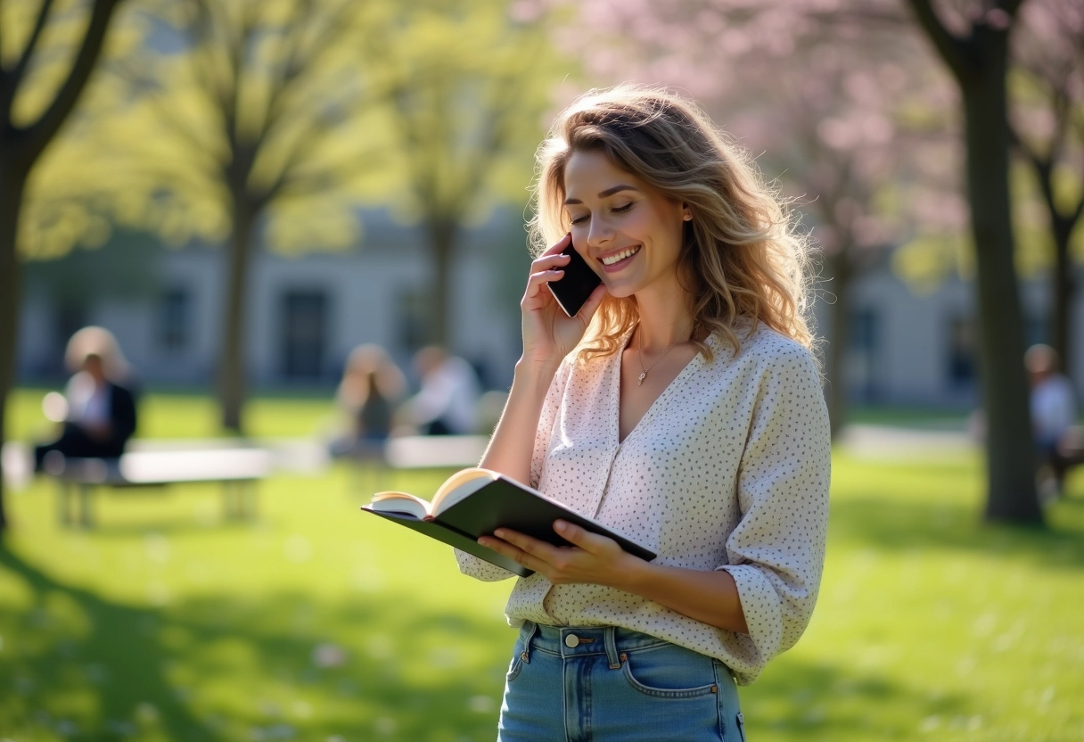 Femme souriante parle au téléphone dans un parc urbain