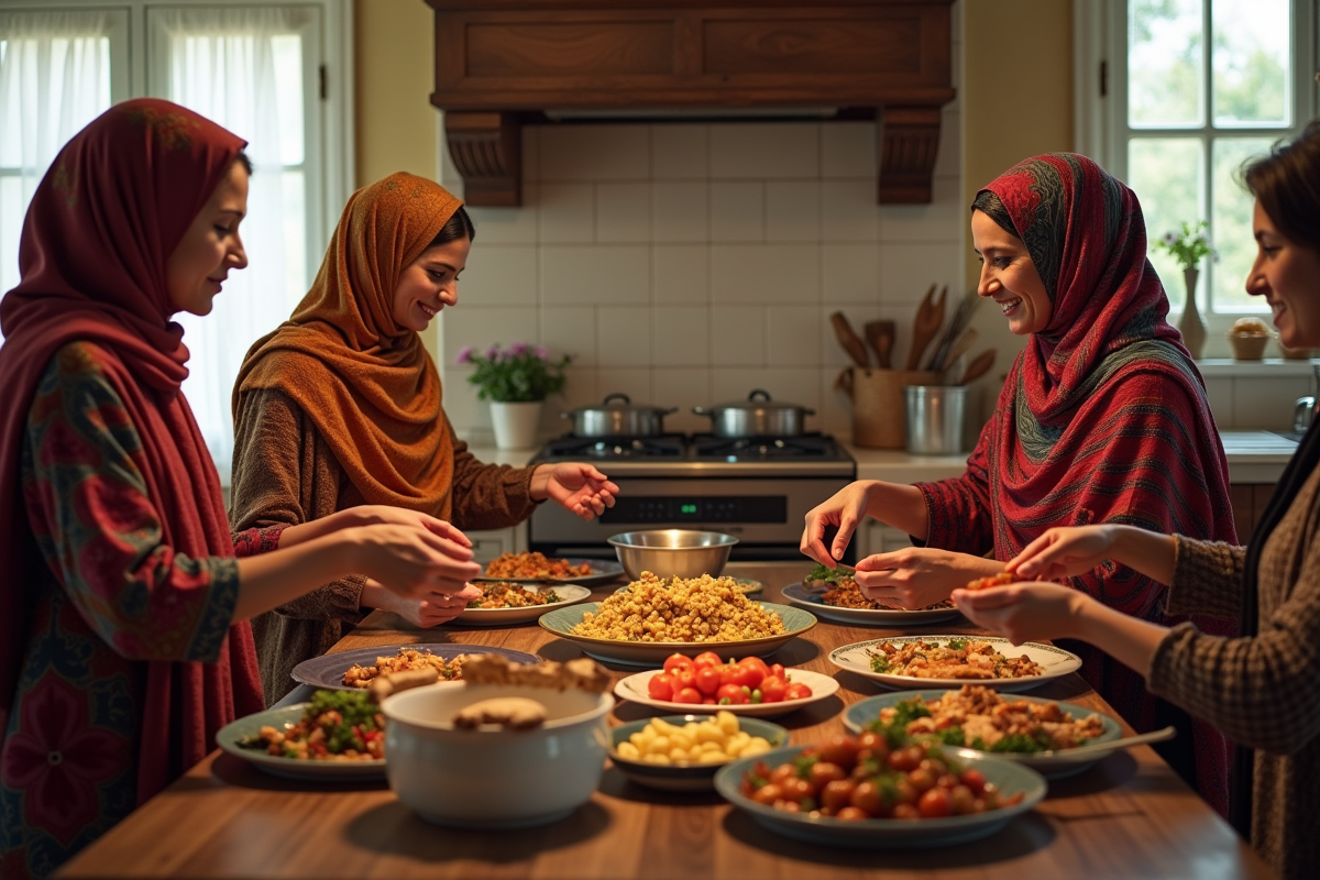Femmes modeste préparant un repas de mariage Arsha dans une cuisine familiale