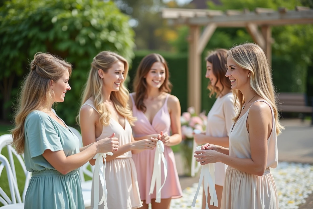 Femmes décorant des chaises de mariage dans un jardin