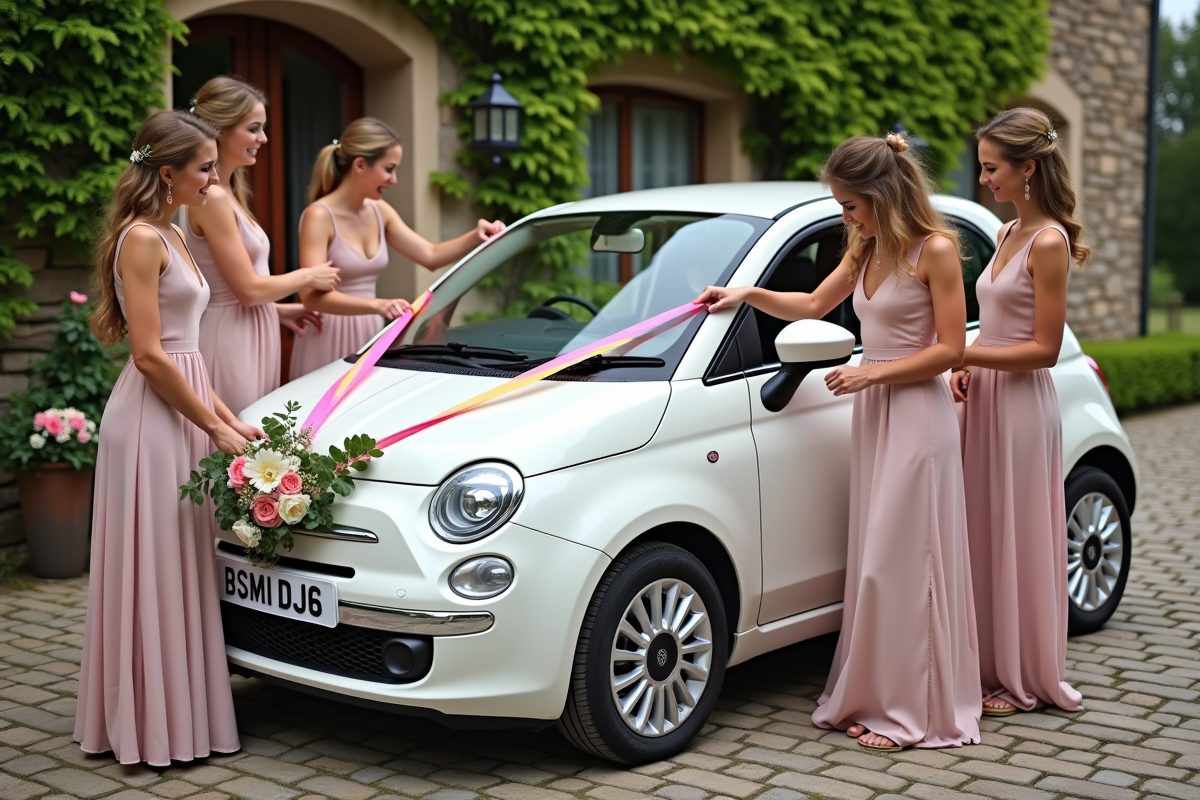 Invites de mariage décorant une voiture blanche en extérieur