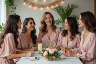 Groupe de femmes souriantes en fête avec décor pastel