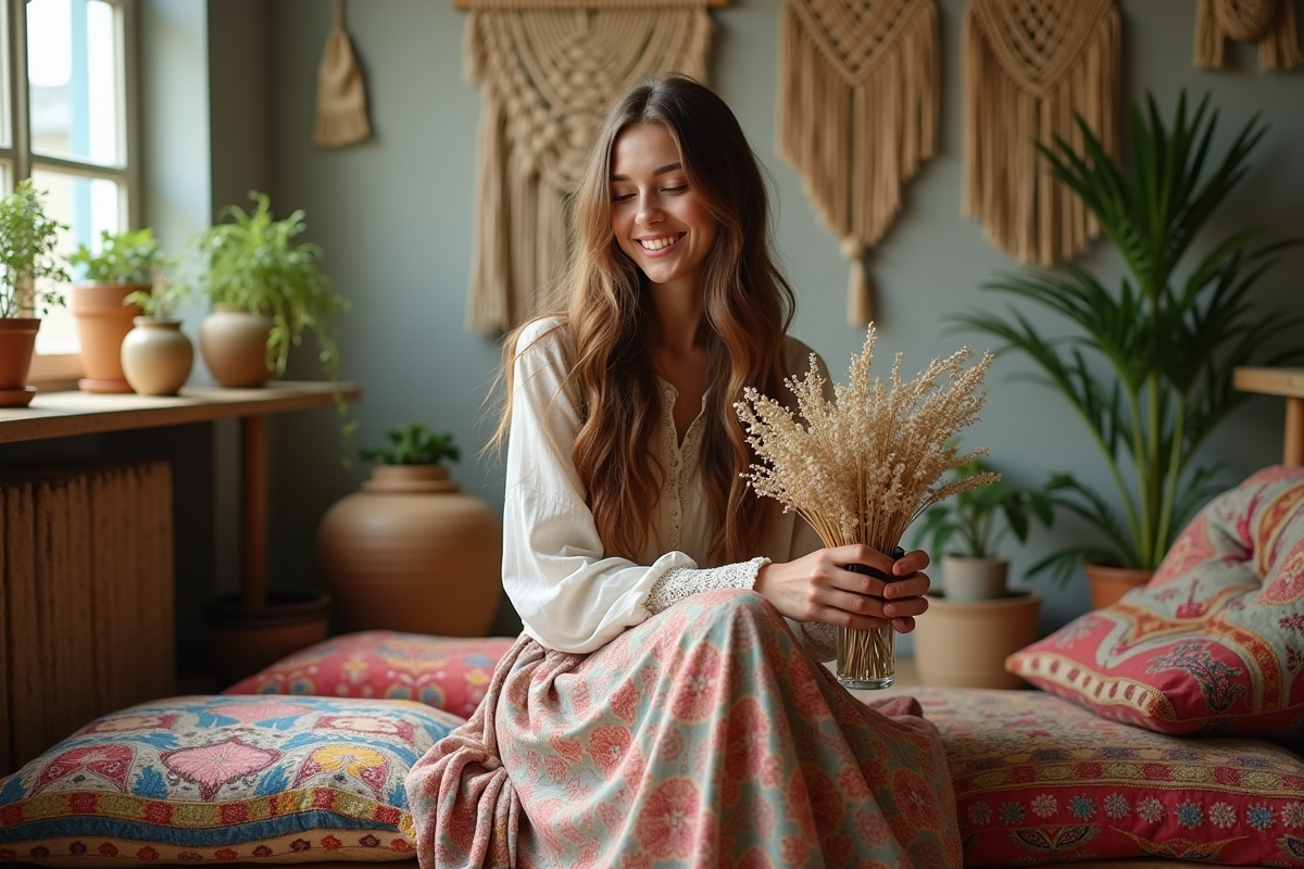 Jeune femme bohème arrangeant des fleurs séchées