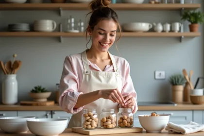 Jeune femme remplissant des petits pots de dragées de mariage
