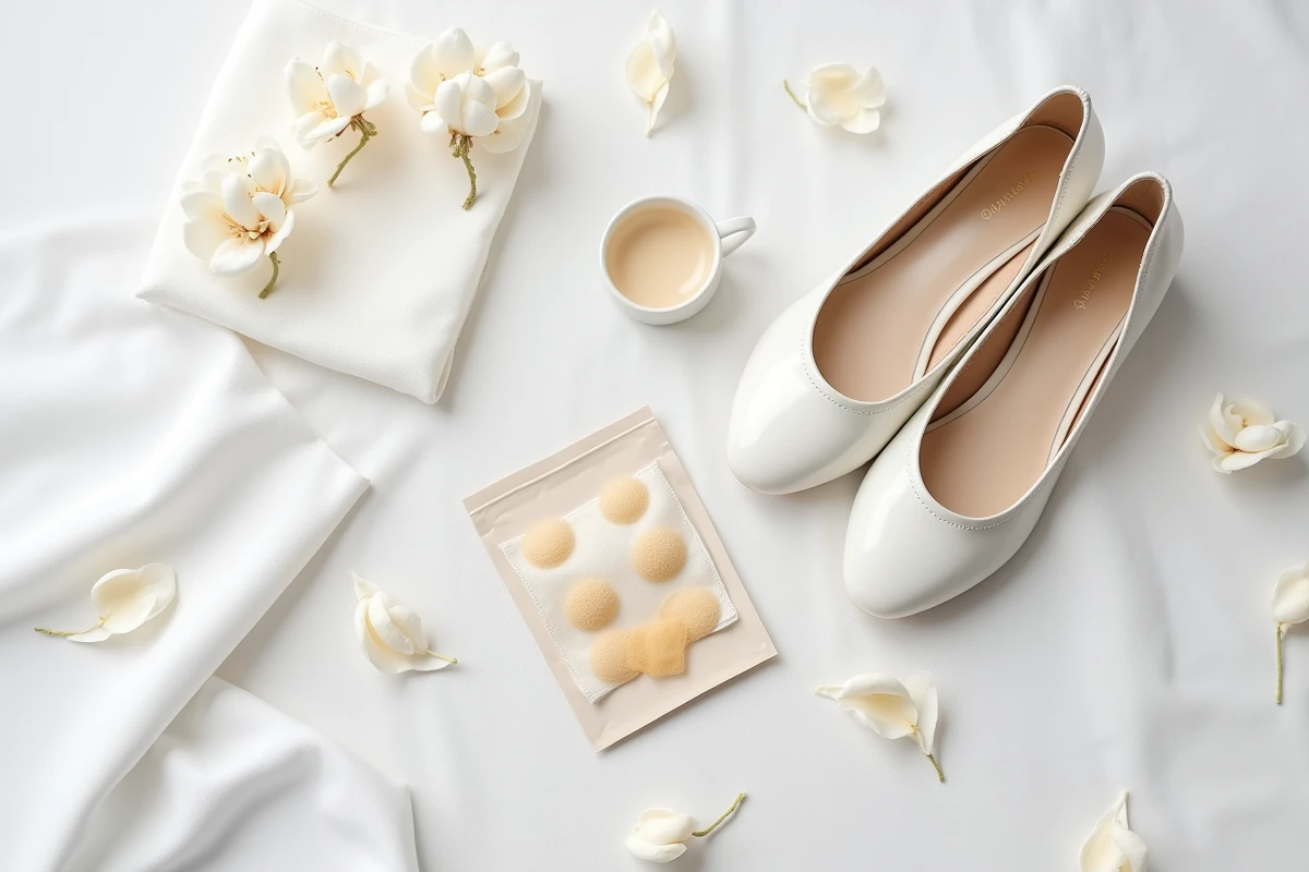Flat lay de chaussures de mariée blanches plates avec accessoires anti-ampoules : coussins gel, semelles silicone et pansements