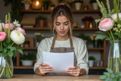 Fleuriste femme vérifiant facture de mariage dans son atelier