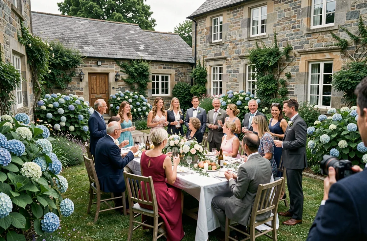 Invités réunis lors d'une garden party photographiée par un professionnel près de Tôtes