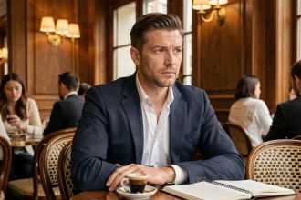 Homme élégant attablé dans une brasserie parisienne, regard pensif, illustrant la discrétion et la vie privée de Geoffroy Lejeune