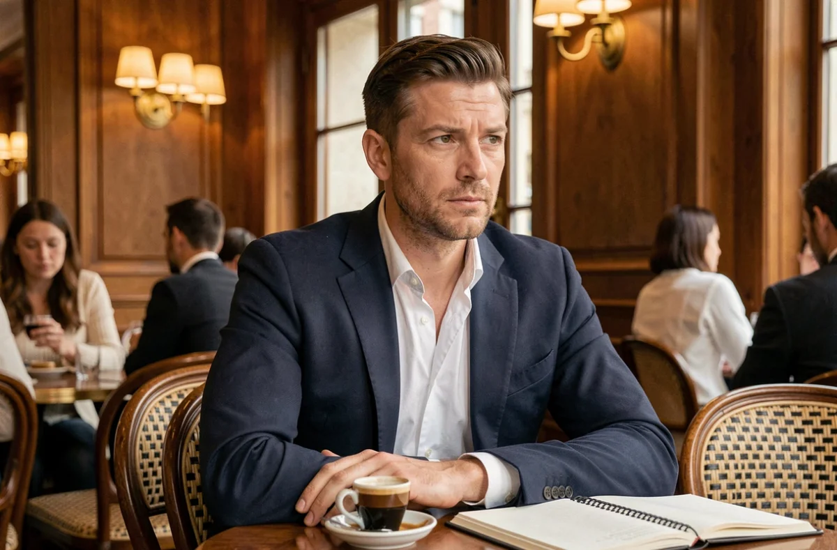 Homme élégant attablé dans une brasserie parisienne, regard pensif, illustrant la discrétion et la vie privée de Geoffroy Lejeune