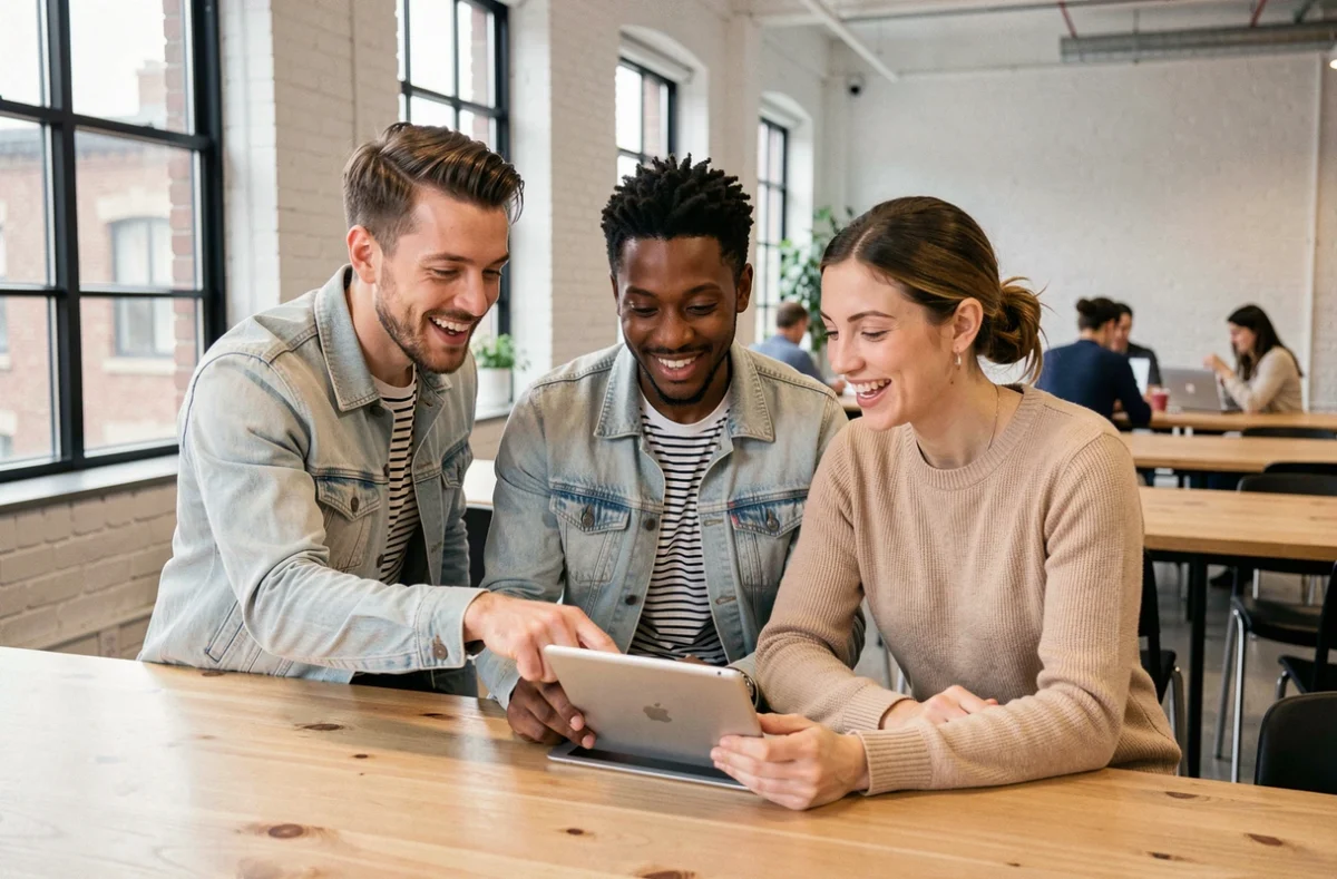 Groupe de collègues discutant des avis Shootnbox sur une tablette dans un espace de coworking