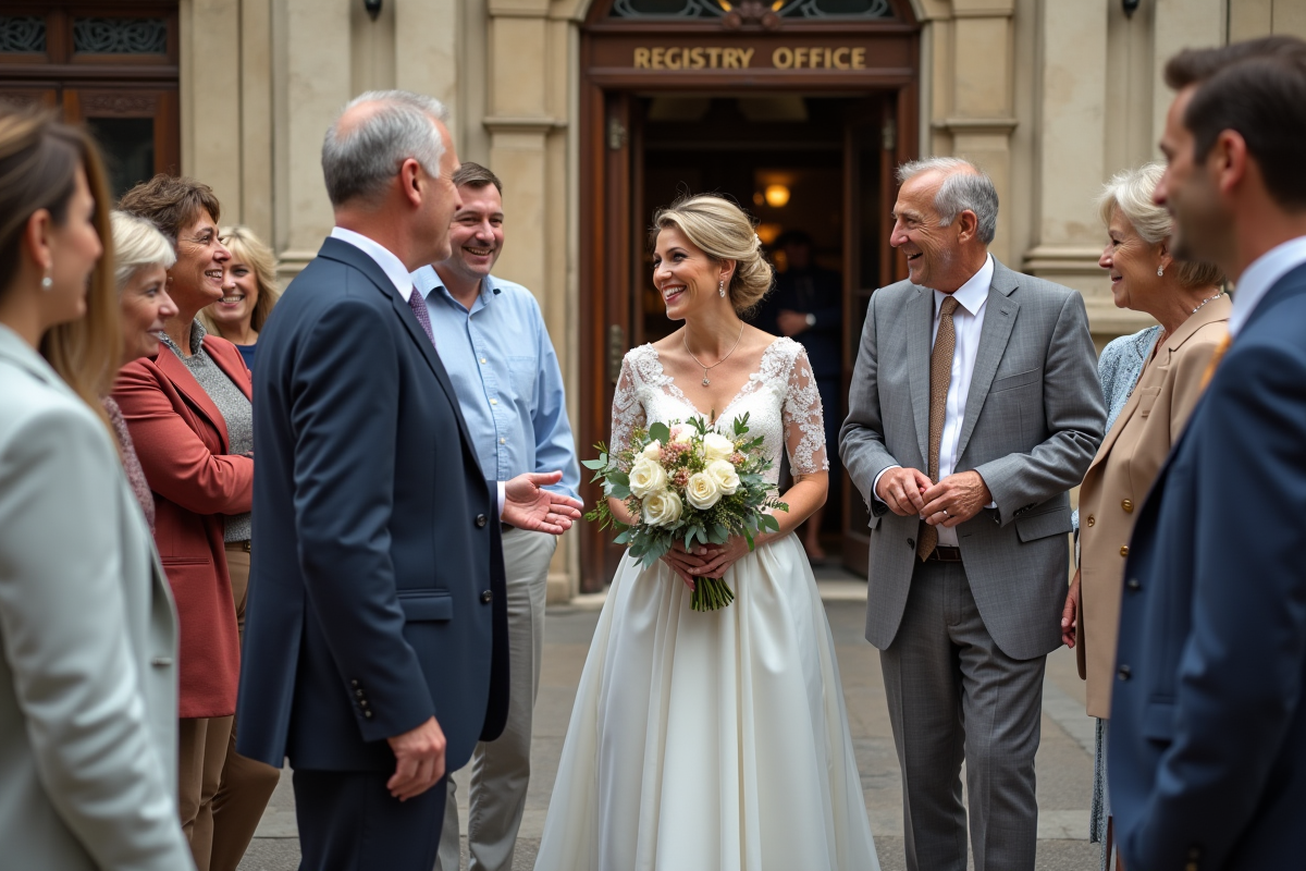 Groupe divers discutant devant un bureau d