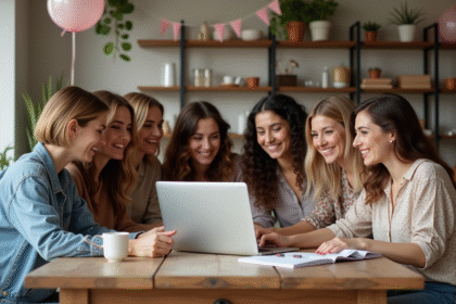Groupe de sept femmes souriantes autour d'une table créative