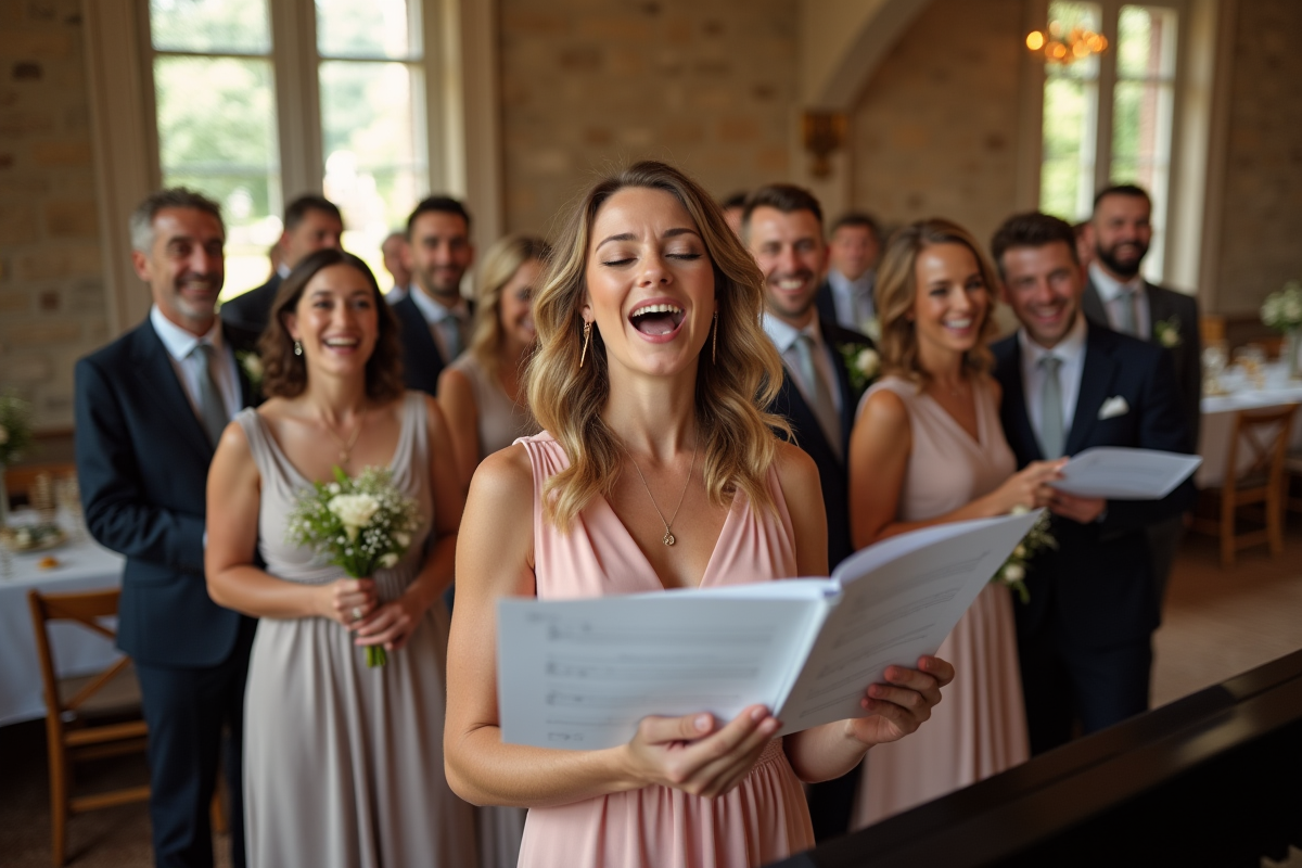 Groupe d invités de mariage chantant autour du piano