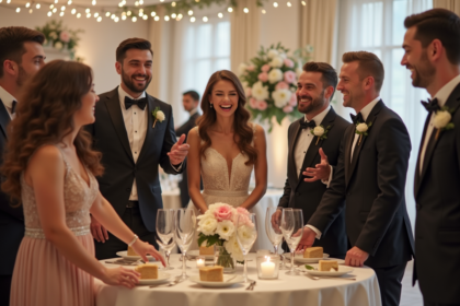 Groupe d'adultes souriants jouant à un jeu lors d'une réception de mariage