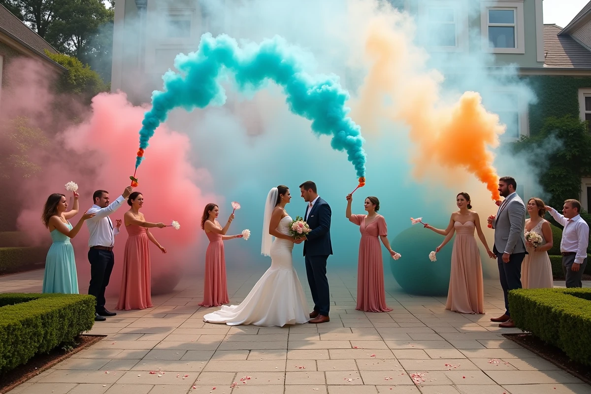 Groupe d invités de mariage avec fumée et villa en arrière-plan