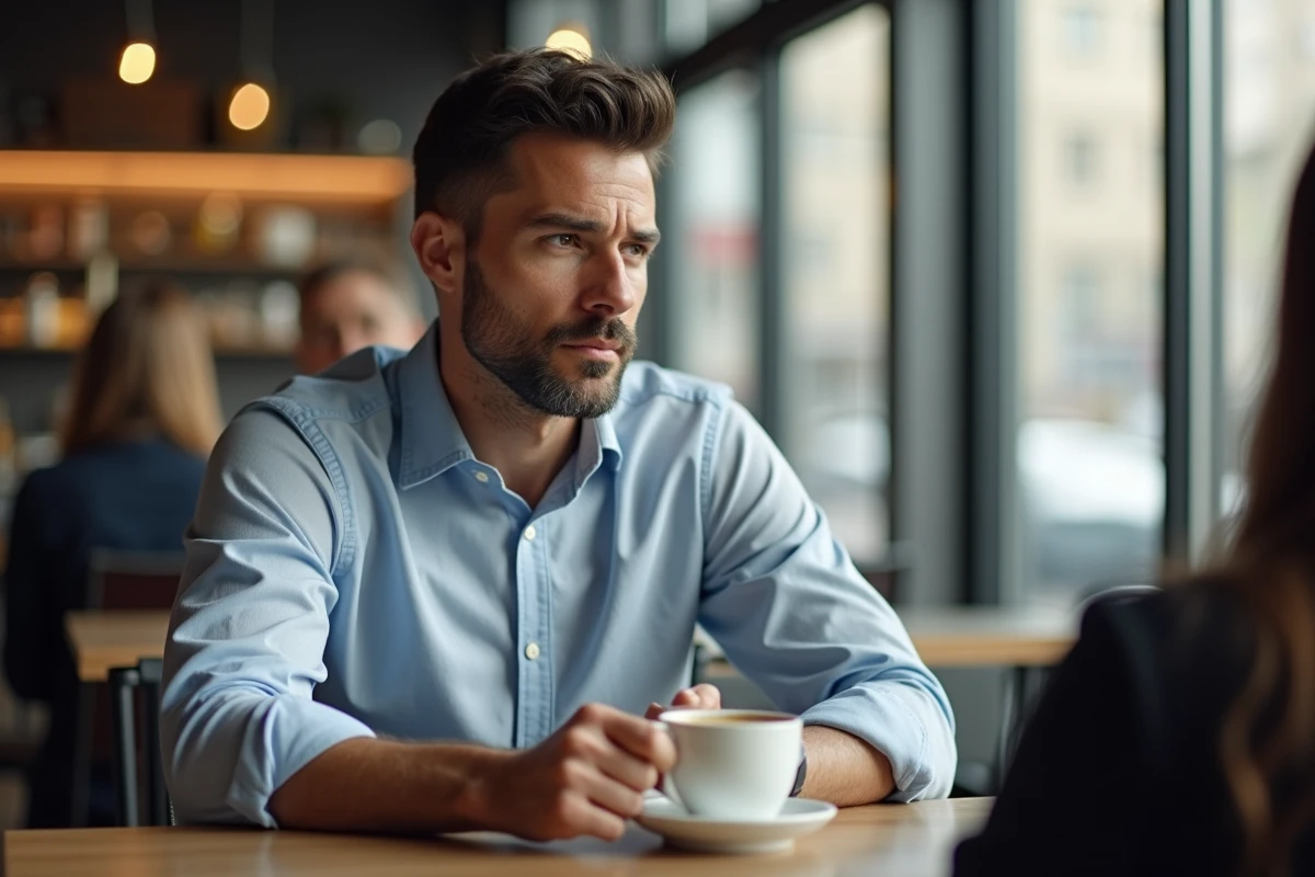Homme d'affaires pensive dans un café moderne
