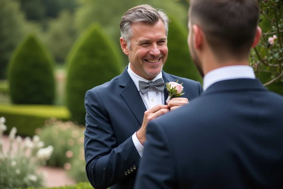 Homme en costume ajuste la boutonniere du couple de mariés