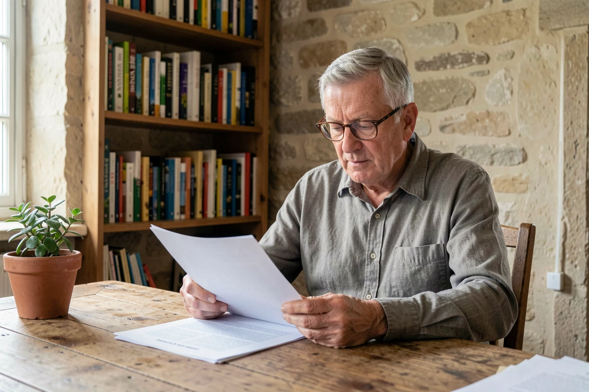 Homme aux cheveux gris et lunettes consulte des documents dans un bureau rustique de maison de campagne française