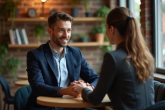 Homme en blazer regardant sa partenaire au café
