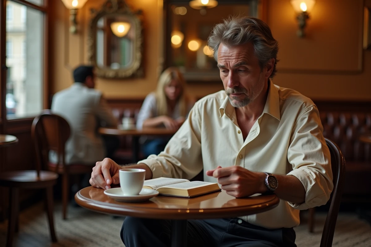 Homme lisant un livre dans une brasserie parisienne classique, atmosphère intimiste et intellectuelle