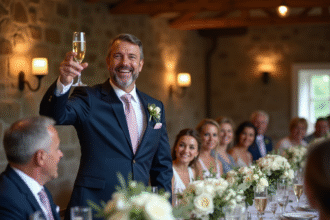 Homme en costume navy levant un verre de champagne lors d’un mariage