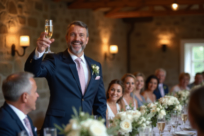 Homme en costume navy levant un verre de champagne lors d’un mariage