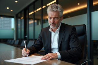 Homme d'affaires vérifiant un contrat DJ Booking en réunion