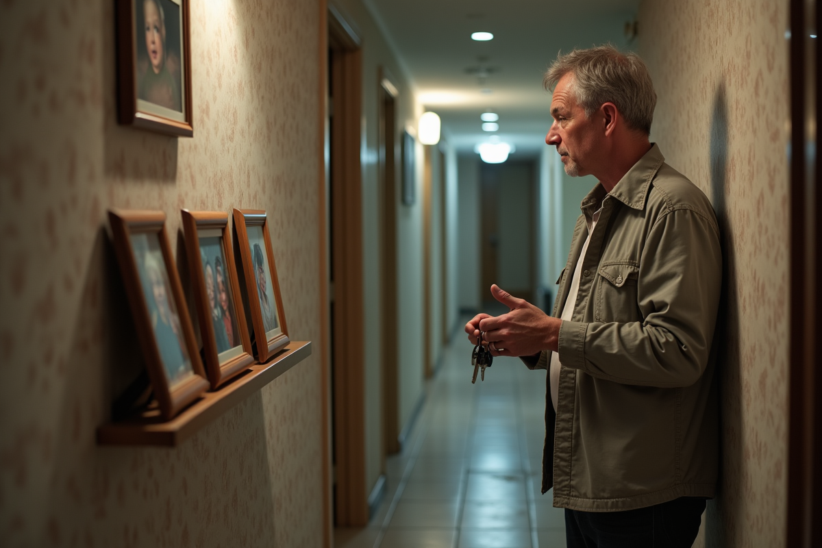 Homme regardant photos de famille dans couloir urbain