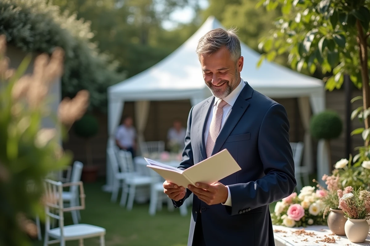 Homme en costume lisant une carte de mariage dans un jardin