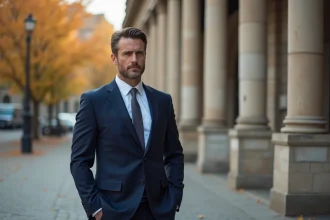 Homme en costume bleu marine devant un bâtiment européen classique, portrait éditorial politique
