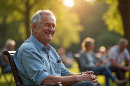 Homme d'âge moyen souriant dans un parc ensoleillé