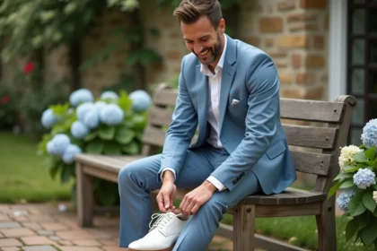 Homme souriant en costume bleu en train de lacer ses chaussures de mariage