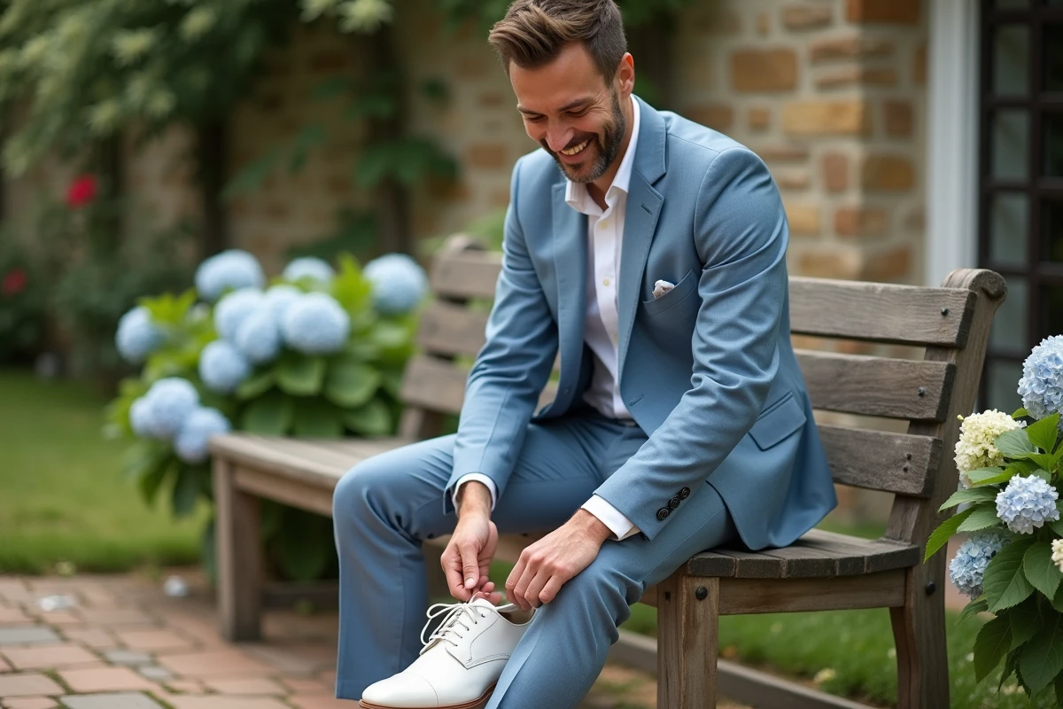 Homme souriant en costume bleu en train de lacer ses chaussures de mariage