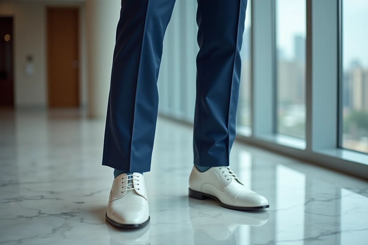 Homme en costume bleu fonce debout près d une fenêtre urbaine