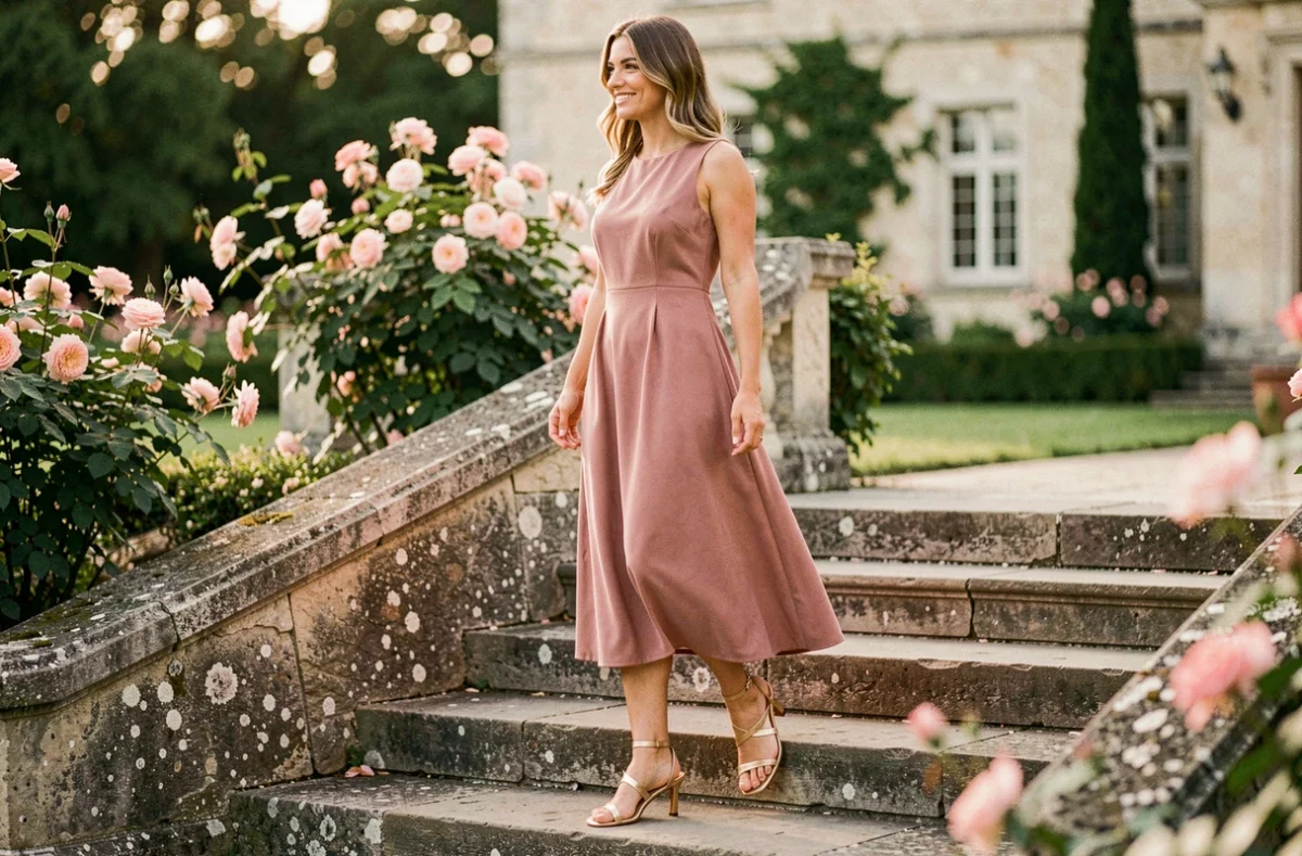 Invitée de mariage portant des sandales dorées et une robe rose midi sur les marches d'un château