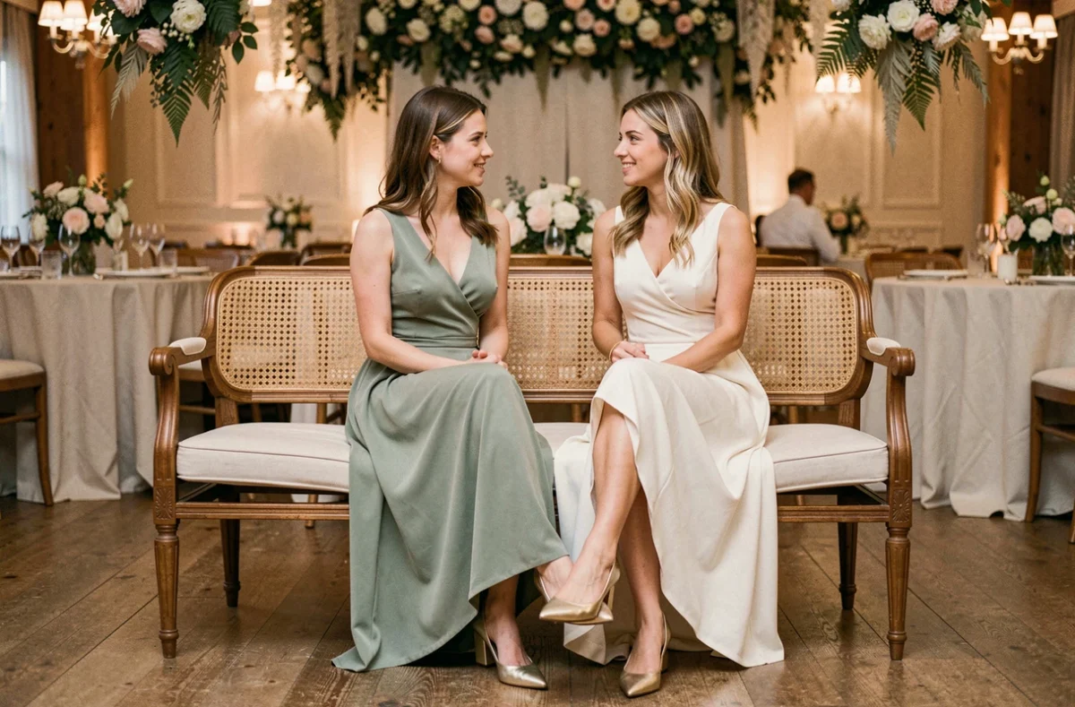 Deux invitées de mariage assises portant des chaussures dorées de styles différents lors d'une réception élégante