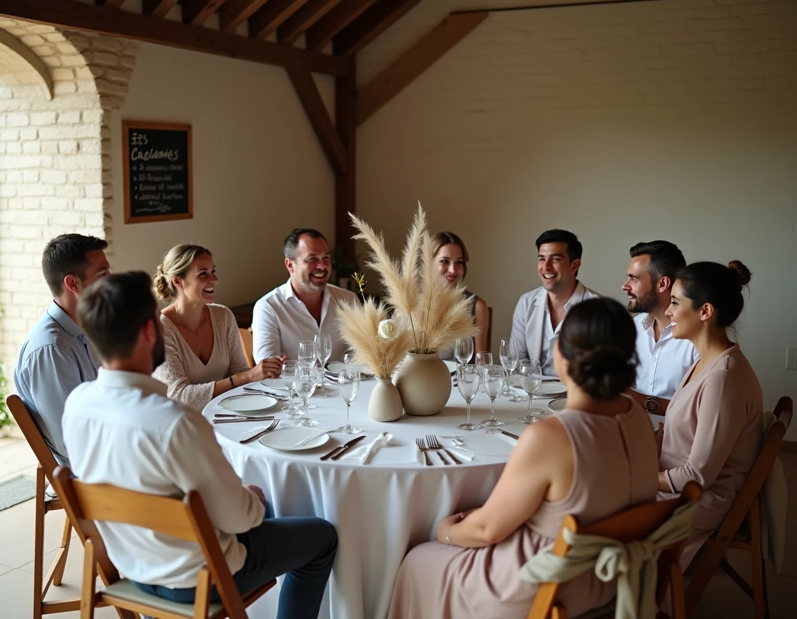 Petits groupe d'invités réunis dans une grange rustique pour un mariage surprise intime avant l'arrivée des mariés