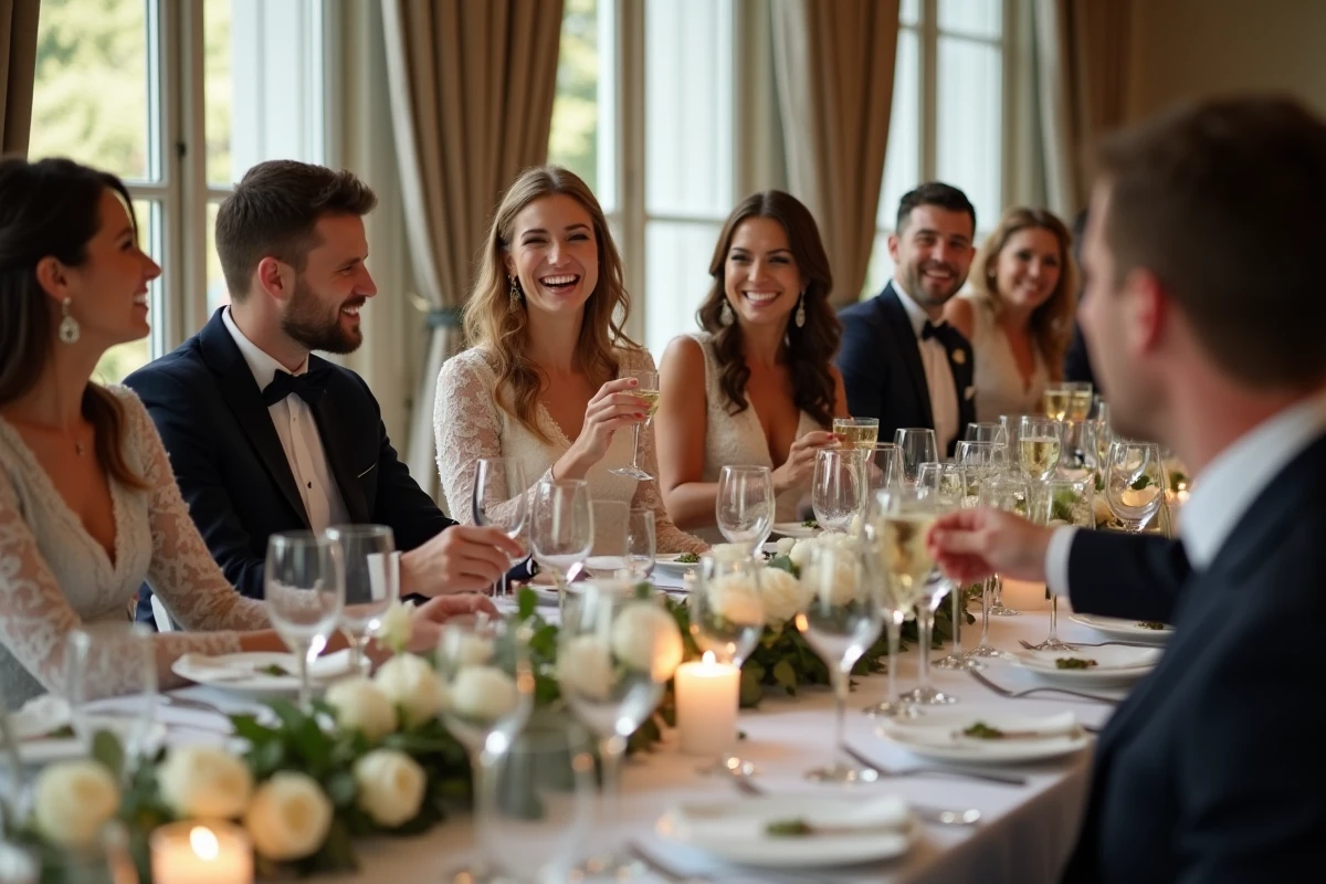 Invités de mariage portant un toast lors d'un dîner de réception dans une salle de style français élégante