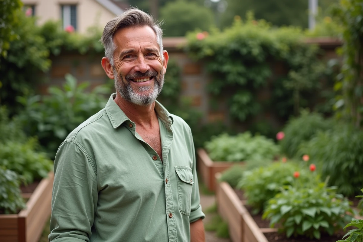 Jardinier souriant dans son potager entouré de plantes aromatiques et de tomates, évoquant la sérénité du jardinage au quotidien