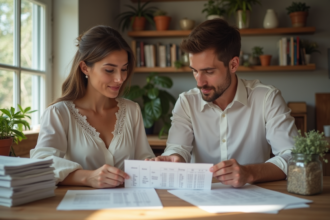 Jeune couple en mariage regardant un budget ensemble