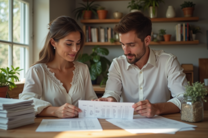 Jeune couple en mariage regardant un budget ensemble