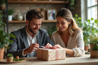 Jeune couple découvrant un cadeau de mariage avec surprise