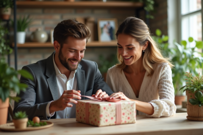 Jeune couple découvrant un cadeau de mariage avec surprise