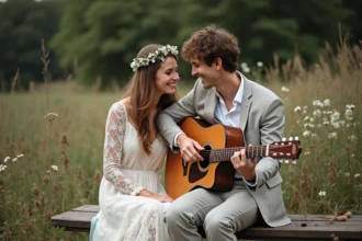 Jeune couple de mariés en extérieur avec guitare et couronne de fleurs