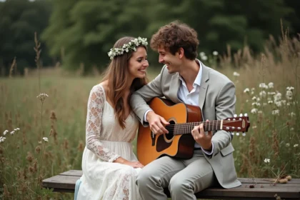 Jeune couple de mariés en extérieur avec guitare et couronne de fleurs