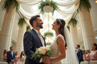 Jeune couple de mariés souriants sous un plafond décoré lors d'un mariage