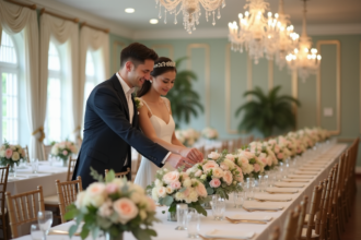 Jeune couple en tenue de mariage arrangeant des centres de table floraux