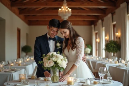 Jeune couple en mariage arrangeant des centres de table floraux