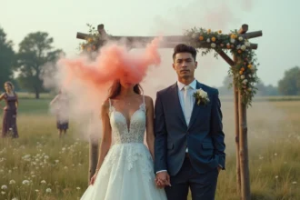 Jeune couple de mariage avec fumée colorée devant un décor champêtre