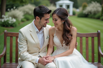 Jeune couple marié souriant dans un jardin fleuri